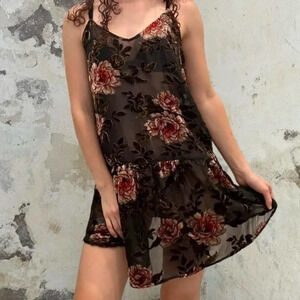 American Eagle Y2K Velvet Burnout Brown Ruffle Bohemian Floral Dress Size XS